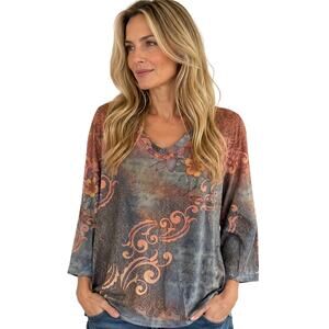 LR3006 Womens 3X Paisley Floral Print Tunic Top Blue Pink 34 Sleeve